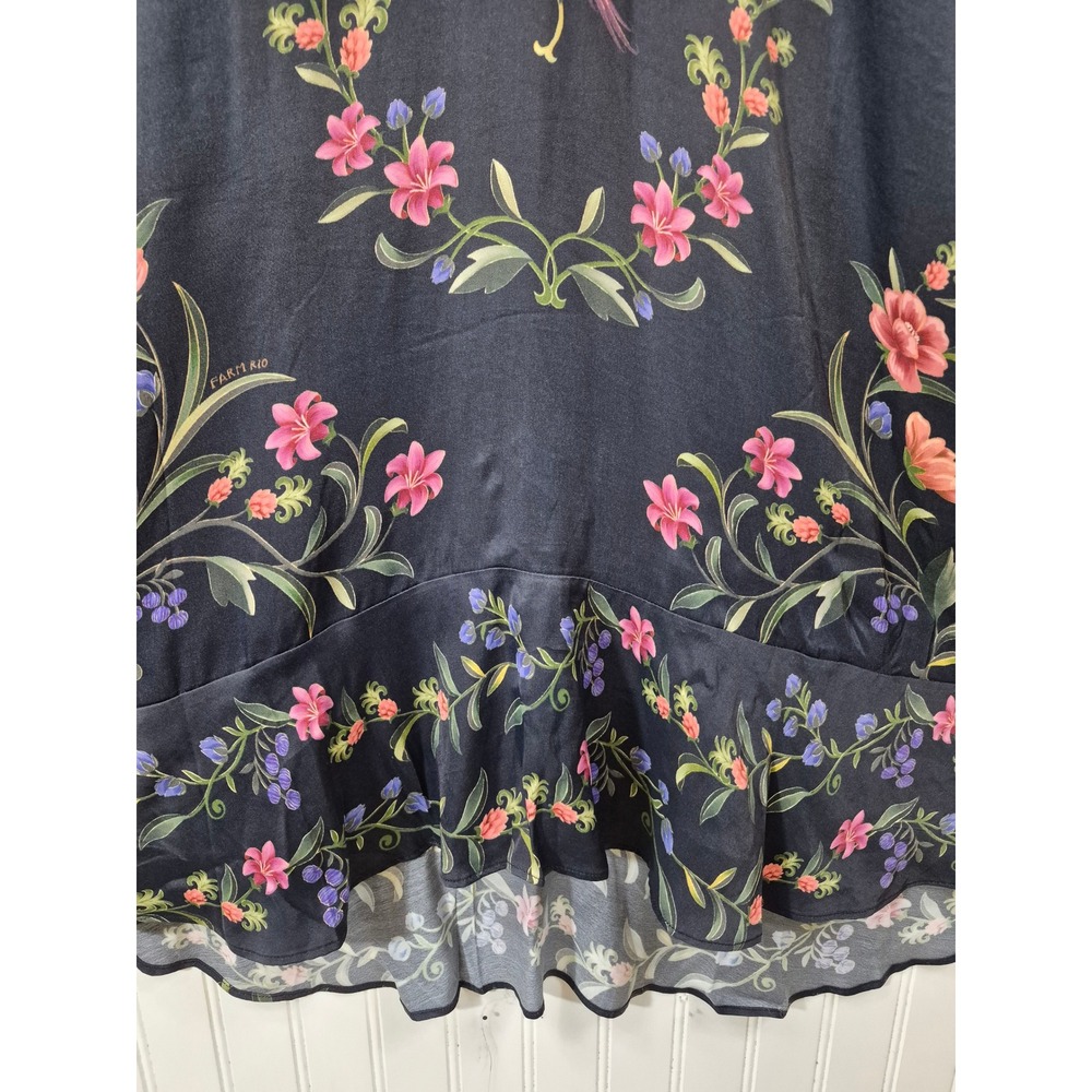 Farm Rio Black Floral Lace Trim Maxi Slip Dress Short Sleeve V-Neck XL Lined - Picture 5 of 11